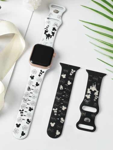 Shesyuki 2 Packs Cartoon Engraved Bands Compatible with Apple Watch Bands 40mm 38mm 44mm 45mm 41mm 42mm 49mm Women, Two-Tone Cute Soft Silicone Sport Strap for iWatch Series 9/8/SE/7/6/5/4/3/2/1