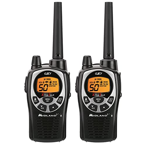 Image of Midland GXT1000VP4 GMRS Two-Way Radio (50 Channel, Long Range, 142 Privacy Codes, SOS, NOAA, Rechargeable Nickel Battery, Black /Silver 2-Pack)