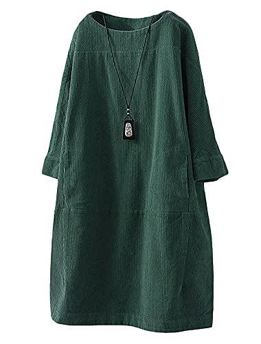 Minibee Damen Oversize Tunika Kleid Cord Langarm Tops mit Taschen - Grün - XX-Large