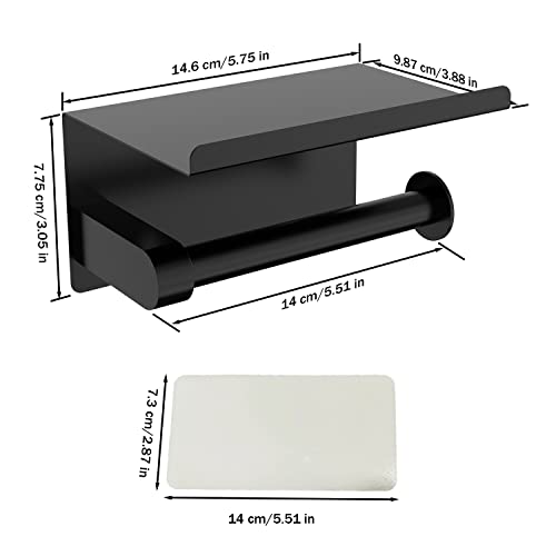 Self Adhesive Toilet Paper Holder With Phone Shelf, Wall Mounted Toilet Paper Roll Holder, Rustproof Bathroom Washroom Tissue Roll Holder With Shelf, Toilet Paper Roll Dispenser- Matte Black #TOP7