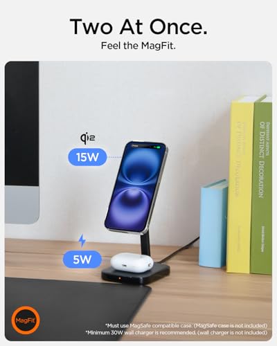 Image of Spigen for Qi2 15w, MagSafe Compatible Wireless Charging Stand for iPhone 17 /16 /15 /14 /13 /12, Pixel 10 Series, Fast Charging, Dual Charging Station, USB-C to C Cable Included (PF2402) - Black