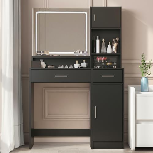 Image of Palimder Vanity Desk with Mirror & Light, Large Drawer Three Level Storage Dresser, 3 Lighting Modes Adjustable Brightness, Bedroom Dressing Table