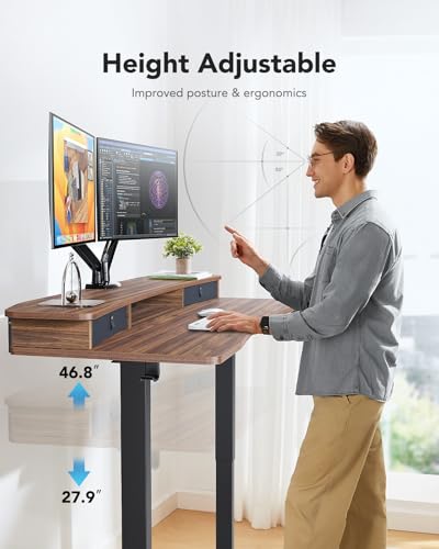 Image of HUANUO 60″ x 30″ Electric Standing Desk with 2 Drawers, C-Clamp Mount Compatible, Height Adjustable Computer Desk, Home Office Stand Up Desk with 4 Preset Heights & 2 Hooks, Walnut