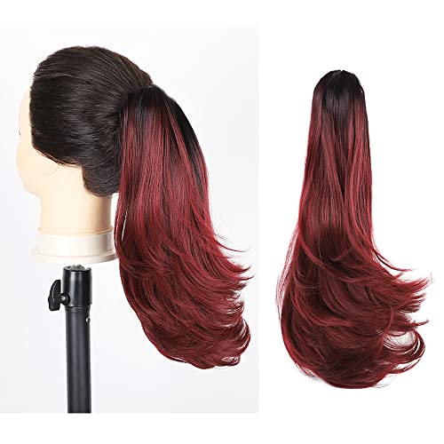 Risbel Ponytail Extension Long Wavy Claw Clip in Curly Drawstring Extensions Afro Synthetic Hairpieces Heat Friendly Fiber Hair Pieces for Women Girls Kids 14 Inch (Wine Red with Dark Root)