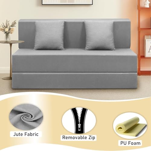Image of Easy Foldable Two Seater Sofa Cum Bed in Grey Color Jute Fabric Washable Cover with Two Cushion 4x6 Feet for Home & Office Guest Room