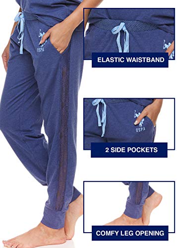 U.s. Polo Assn. Womens 2 Piece Short Sleeve Pocket Shirt Pajama Sleep Sweatpants With Pockets Blue Depth Heather Large #TOP2
