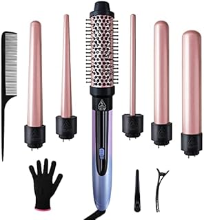 Erokicysh Curling Iron 6 in 1 Hair Curling Wand Set with Curling Brush Instant Heat Up Beach Waver Long Hair Curlers Iron 6 Interchangeable Ceramic Barrel 0.35-1.25 Inch Short Hair Crimper for Women