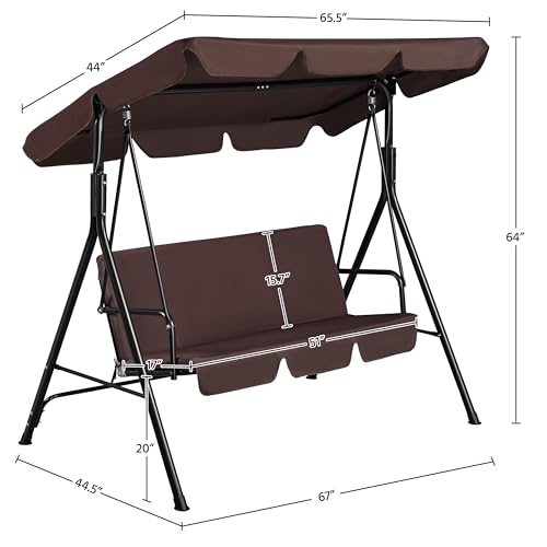 Image of Yaheetech 3-Seat Patio Swing Chair, Adjustable Canopy & Cushion, Dark Brown | Outdoor Glider Swing, 550lb Capacity, Tilting Sunshade, Anti-Slip Pads, Weather-Resistant Fabric, Ez up, Sturdy A-Frame