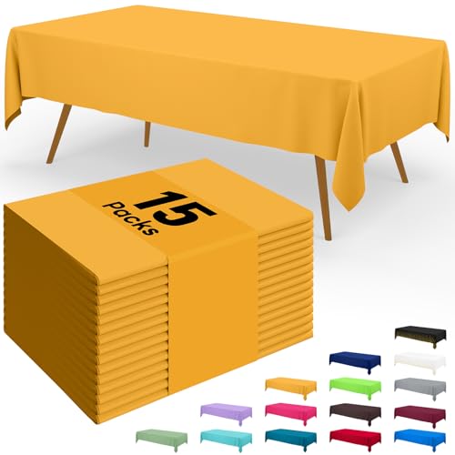 Image of Smiry Disposable Table Cloth - 15 Pack, 54 x 108 Inch Waterproof Rectangle Tablecloths for Parties, Decorative Plastic Table Cover, Leakproof & Sturdy, Mustard Yellow