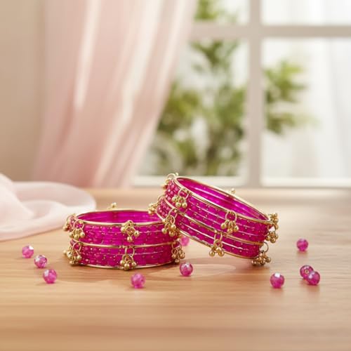 Image of NEW SURYA ENTRPRISES Kashmiri Ghangharoo Glass Bangle Set for Women|Light Weight Bangles|Traditional Transparent Fancy Glass Chudi Set Of 16(12 Glass + 4 ghungroo bangles)