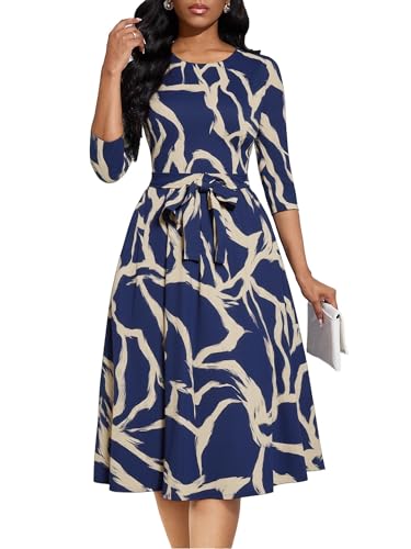 Image of Casual Dresses for Women Midi Church A-Line Fit and Flare Dress Crewneck 3 /4 Sleeve Party Dress