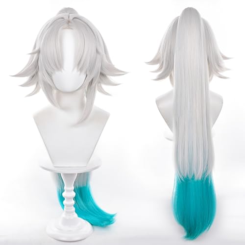 Image of Feixiao White Green Gradient Wigs Long Straight Wig with Bangs Adult COS Anime Game Cosplay Wigs Halloween,Christmas,Comic con,Game Show,Party