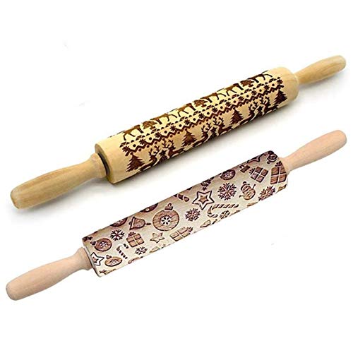 Christmas Wooden Rolling Pins,Engraved Embossing Rolling Pin with Christmas Deer Pattern for Baking Embossed Cookies,Rolling Pin Kitchen Tool 17inch (2 pack)
