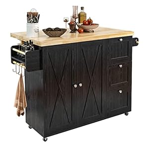 IRONCK Rolling Kitchen Island Cart with Drop-Leaf Countertop, Barn 3Drawers, Barn Door Style Cabine,Thicker Rubberwood Top, Spice Rack, on Wheels, for Kitchen and Dining Room, Black IRONCK Rolling Kitchen Island Cart with Drop Leaf Countertop Barn 3Drawers Barn Door Style CabineThicker Rubberwood Top Spice Rack on Wheels for Kitchen and Dining Room Black