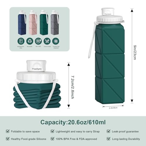 Popdigito Portable Collapsible Water Bottles,BPA Free Food-Grade Silicone Reusable water Bottle For Outdoor Travel Hiking Sports,Compact,Lightweight Easy To Carry,Leakproof Water Bottles,Dark Green