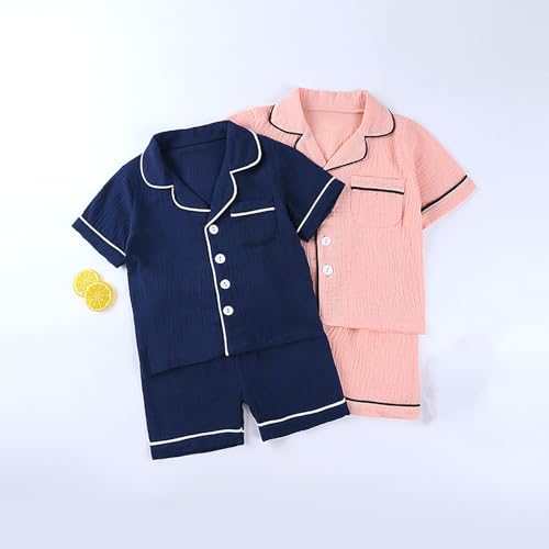 Boys Girls Pa𝗷ama Short P𝗝s Set Breathable Loun𝗴ewear Kids Solid Button-Down Slee𝗽wear Pocket N𝐢ghtwear Clothes3