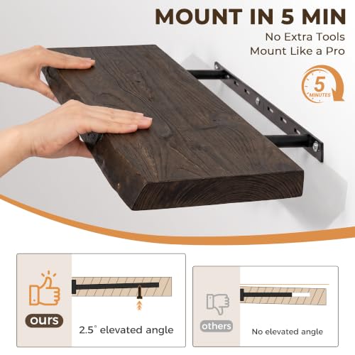 Image of Live Edge Elm Floating Shelves - 48 In Rustic Solid Wood Shelves with Heavy-Duty Invisible Bracket, Wall-Mounted Wooden Shelf for Living Room, Bathroom, Kitchen Storage & Display, Set of 1, Walnut