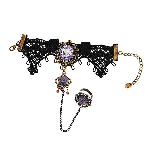 Bracelet bague fleur en résine et dentelle noire pour fête et Halloween pour femme