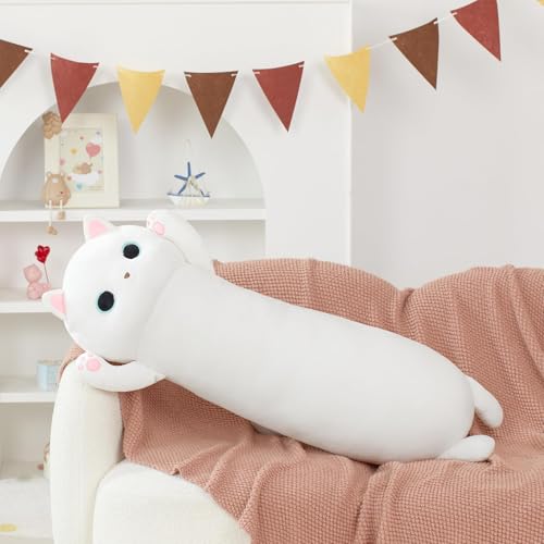 Image of MaoGoLan 44'' Cat Plush Body Pillow, Giant Glow in The Dark Cat Stuffed Animal Pillow for Girl Boy Kid, Long Cute Kitty Plush Pillow for Birthday Gift, Baby Shower Party Decor, White