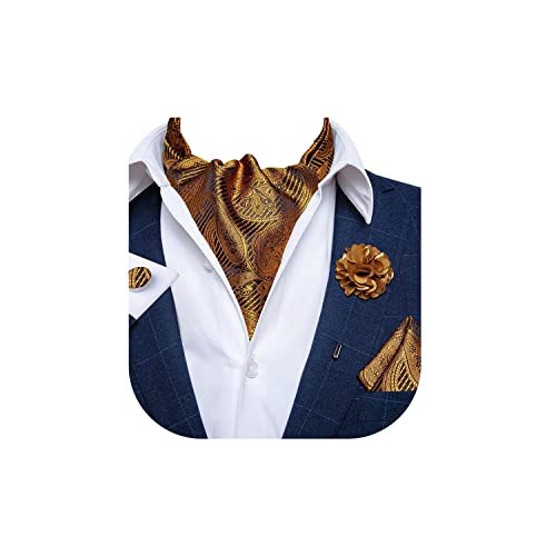 Image of DiBanGu Mens Silk Ascot Ties Paisley Jacquard Woven Cravat and Pocket Square Cufflinks with Lapel Pin for Business Wedding