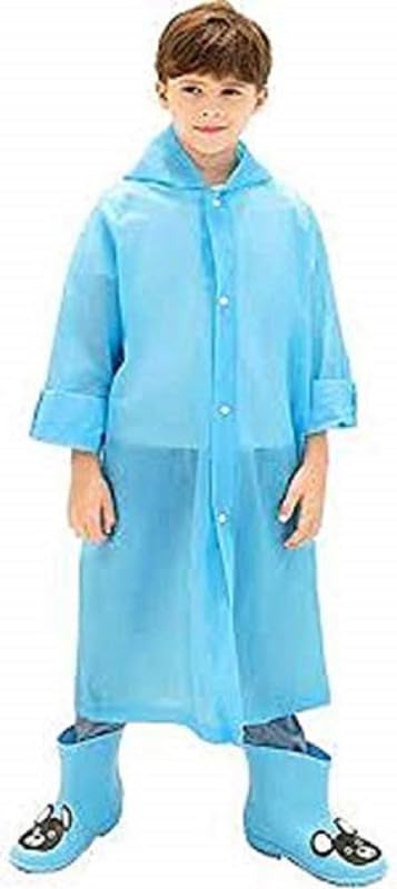 W+ Kid's Unisex PVC Full Sleeve With Hooded Plain Raincoat(Light Blue)-(Pack of 01) (8-9Years)
