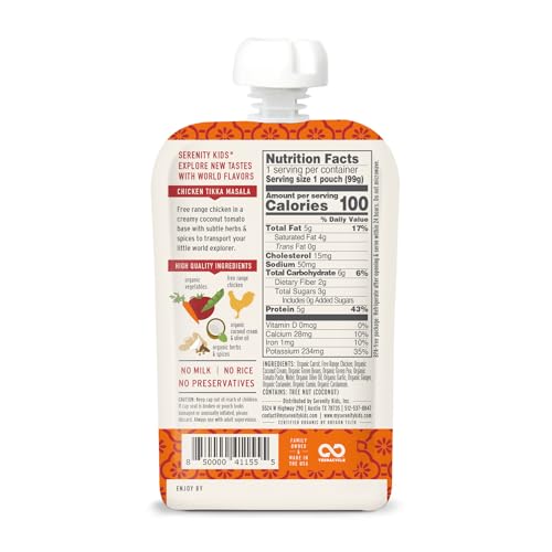 Image of Serenity Kids 6+ Months World Explorers Baby Food Pouches Puree Made With Ethically Sourced Meats & Organic Veggies | 3.5 Ounce BPA-Free Pouch | Chicken Tikka Masala | 1 Count