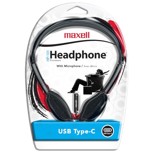 Image of Maxell HP101 Type-C Lightweight Headphones, Built-in Microphone, Adjustable Headband, 6 Foot Cord, 197236, Black