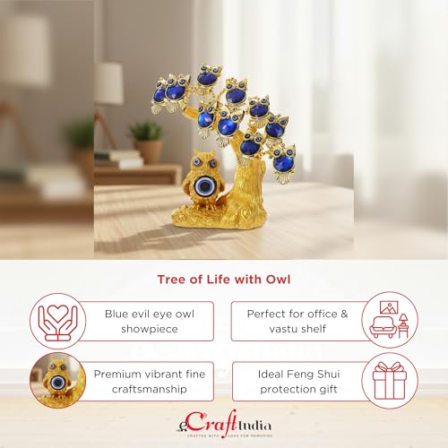 Image of eCraftIndia Tree of Life with Owl Evil Eye Tree Showpiece (Blue) Feng Shui Items for Good Luck Positive Energy Vastu Shelf Living Room Home Decor Gift for Housewarming