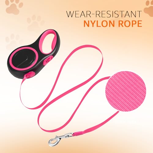 Image of Amazon Basics Retractable Dog Leash | 5 Meter | for Large Dogs Up to 50 Kg | Heavy Duty Leash for Pets | Strong Nylon Tape, Anti-Slip Handle, Built in Spring, One-Click Brake Pause | Pink