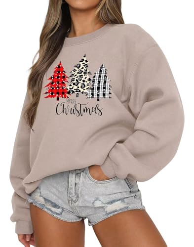 LACOZY Christmas Sweatshirt for Women Crew Neck Long Sleeve Christmas Tree Graphic Fleece Pullover Xmas Sweater Grey M