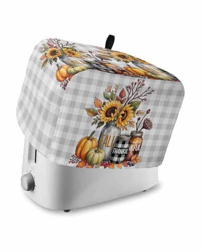 Fall Toaster Cover 2 Slice, Sunflower Pumpkin Leaves Buffalo Plaid Bread Maker Dust Cover with Pockets for Kitchen Small Appliance 11x6x8in