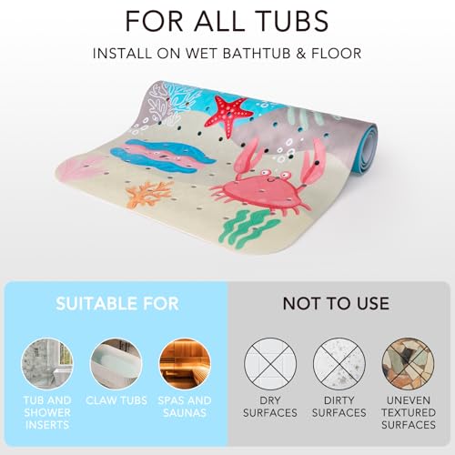 Image of PRATIQUE Kids Bath Mat for Tub Non Slip，40 X 16 Inch Extra Long Kids Bathtub Mat Ocean Bathtub Shower Mat Safety Anti Slip with Suction Cups and Drain Holes, Machine Washable（Blue Whale）