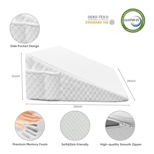 Wedge Pillow, 12 Inch Bed Wedge Pillow for Headboard, Pillow Wedge for Acid Reflux Relief, After Surgery, Sleeping,Back Pain Relief, Memory Foam Top, White