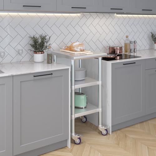 Image of AmGood Stainless Steel Work Table with 2 Shelves and Casters | Metal Utility Table On Wheels (Stainless Steel Work Table with 2 Shelves + Casters, 18 inch Long x 24 inch Deep)