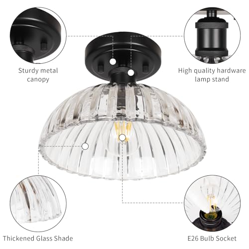 Image of JYZ Semi Flush Mount Ceiling Light, Black Ceiling Light Fixture with Ribbed Glass Shade, Vintage Light fixtures for Hallway, Entryway, Bathroom, Kitchen, Bedroom