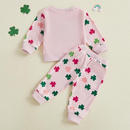 Image of Toddler Baby Boy Girl St Patricks Day Outfit Lucky Embroidery Waffle Long Sleeve Sweatshirt Pants Spring Clothes Set