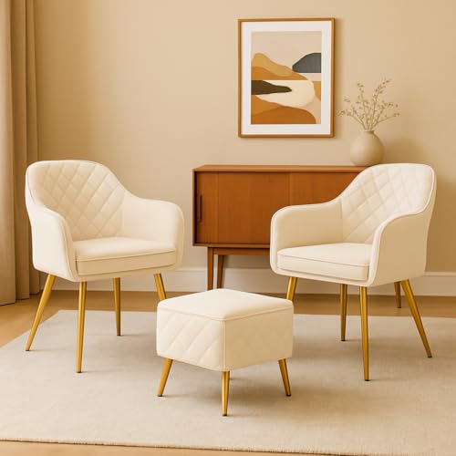 Image of Barfi Velvet Dining Chair | Set of 2 Premium Modern Upholstered Accent Chair with Armrest, Padded Seat and Metal Legs | Comfy Chair for Home, Office & Restaurents | (Off White with Puffy)