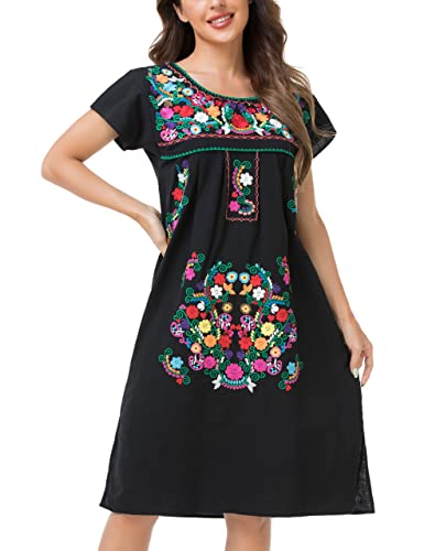 Image of YZXDORWJ Women Mexican Embroidered Long Dress Ruffle Collar Maxi Boho Floral Summer Short Sleeve