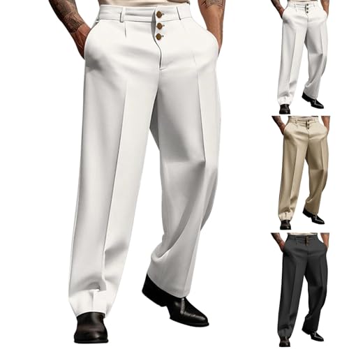Dress Pants for Men Pleated Wide Leg Solid Button Suit Trousers Baggy Comfy Business Work High Waisted Clothes