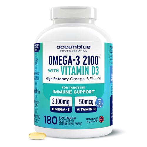 Oceanblue Professional Omega-3 2100 with Vitamin D3 - Triple Strength DPA EPA DHA Omega 3 Supplement - Burpless Wild Caught Fish Oil - Orange Flavor 180 Count (90 Servings)