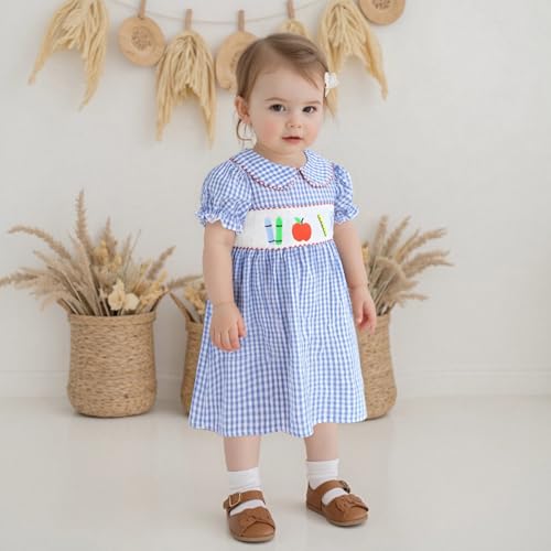 KMBANGI Kids Girl Back to School Outfit Plaid Puff Sleeve Smocked Dress for Little Girl Apple One Piece Princess Dress Summer3