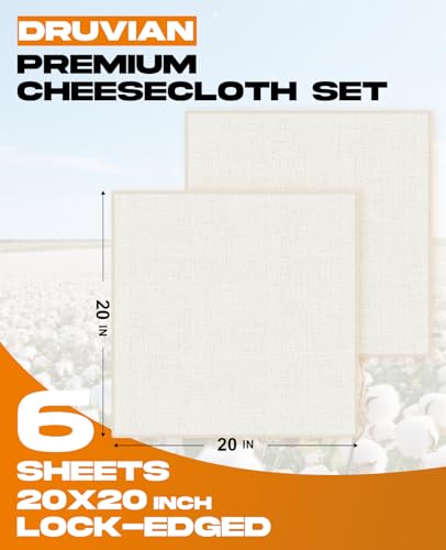 High-Grade 100 Cheesecloth – 6-Pack, Soft & Durable 20x20 Inch Cotton, Lock-Edged, Reusable for Cooking, Straining, and Cheesemaking