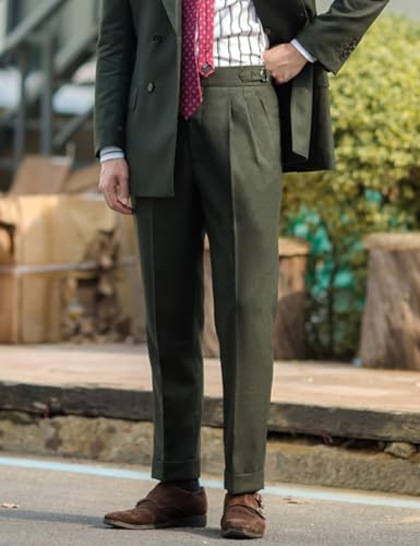 Snoly Men's Winter Retro Woolen Gurkha Flat Front Pant Tapered Leg Straight Chino Rolled Pants Buckle Back3