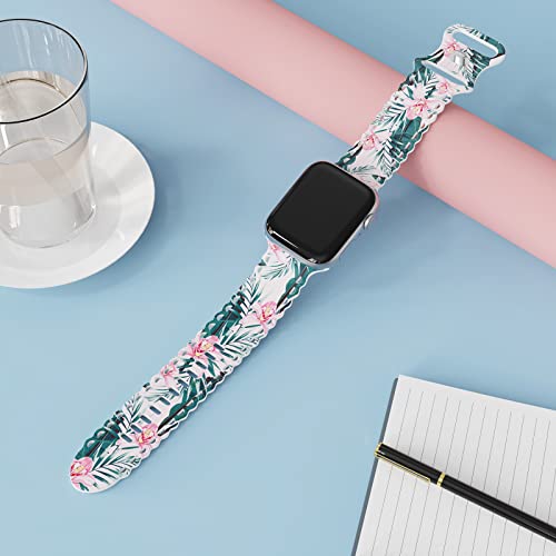 Image of Compatible with Apple Watch Band 41mm 40mm 38mm 49mm 45mm 44mm 42mm Women Girl, Plants Print Lace Hollow-out Soft Silicone Sport Bands For iWatch Ultra SE Series 10 9 8 7 6 5 4 3 2, Plants-42