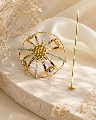 Image of Brass Hair Bun Cage with Stick for Women | Handcrafted Anti-Tarnish Juda Cover | Golden Surya Design Hair Bun Accessory for Wedding, Bridal, Festival, Bharatanatyam & Ethnic Wear