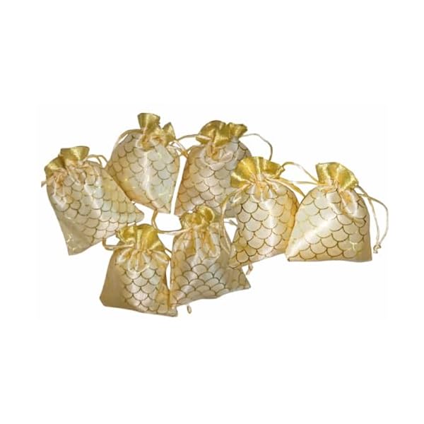 BERRYCRAVE Organza 'SCALES' Potli Bags for Return Gifts - for Ladies wedding Drawstring SMALL Size Wedding Gift Jewellery Ring Shagun Coins - CREAM - 5.25 X 4.0 INCHES (SET OF 7)