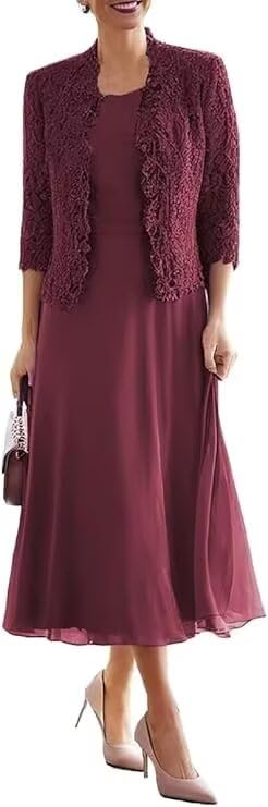 3/4 Sleeves Chiffon Mother of The Bride Dresses for Women with Jacket Tea Length Formal Evening Gown