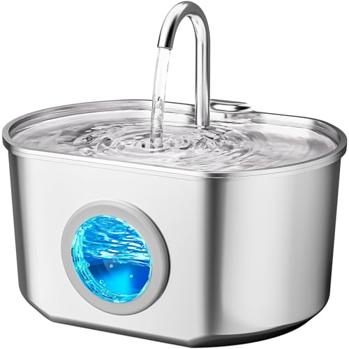 Cat Water Fountain Stainless Steel: 74oz/2.2L Cat Fountain for Drinking- Pet Water Fountain Inside - Automatic Dog Watering Dispenser Bowl - Pet Feeding & Watering Supplies - Water Level Window