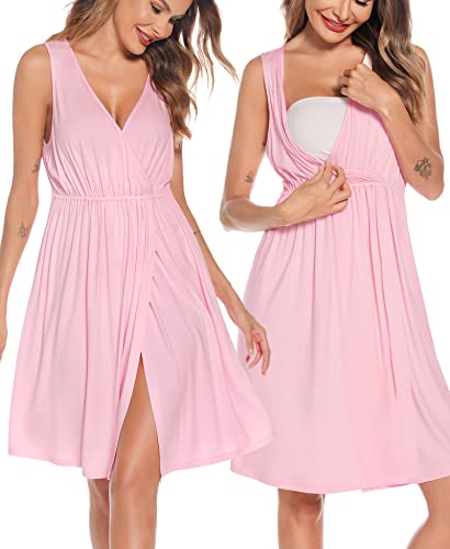 Image of SWOMOG Women Maternity Nursing Gown and Robe Set 3 in 1 Labor Delivery Nursing Nightgown for Breastfeeding Hospital Bathrobe