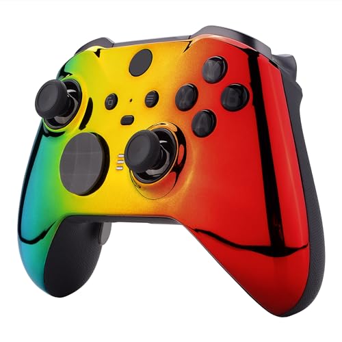 Image of eXtremeRate Tri-Color Gradient Glossy Faceplate Cover, Chrome Cyan Gold Red Replacement Front Housing Shell Case for Xbox One Elite Series 2, Elite 2 Core Controller Model 1797 - Accent Rings Included